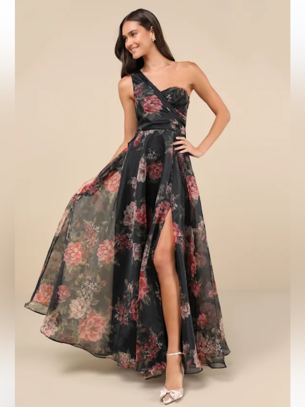 Lulus Truly Extraordinary Black Floral Organza One Shoulder Maxi Dress NWT Small